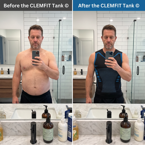 CLEMFIT Everyday Compression Tank in white, worn under a shirt to smooth the midsection