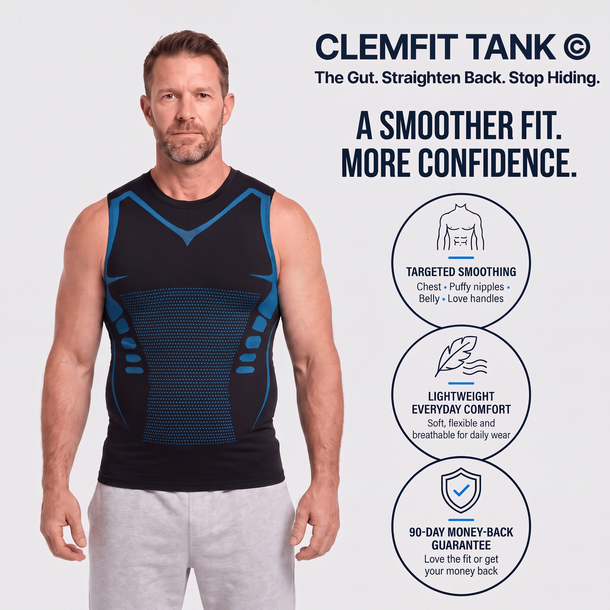 CLEMFIT Everyday Compression Tank in black, seamless long-cut base layer for men